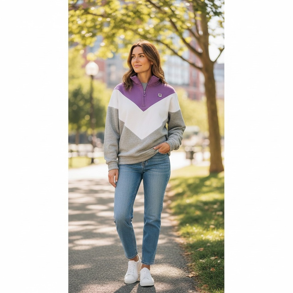 FILA Sweatshirt Womens L Purple White Gray Colorblock Quarter Zip Retro Sporty